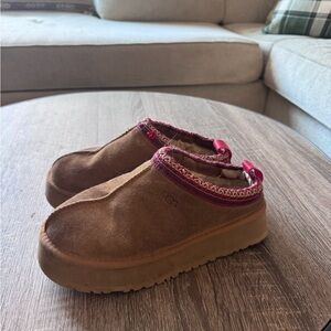 UGG Brown Suede Clog Mules with Pink Trim